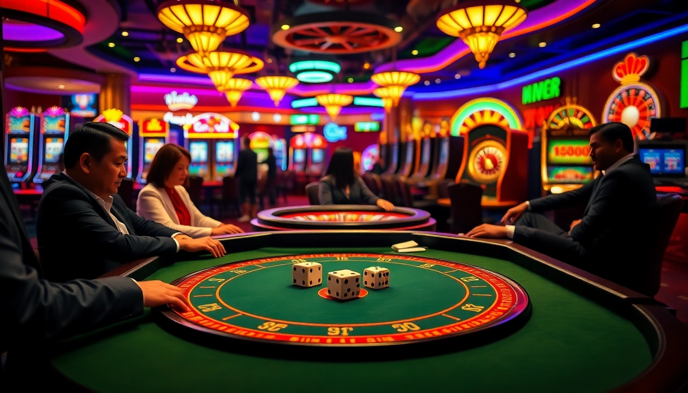 Engaged players enjoying a game of Tài xỉu md5 at a luxurious casino table with vibrant surroundings.