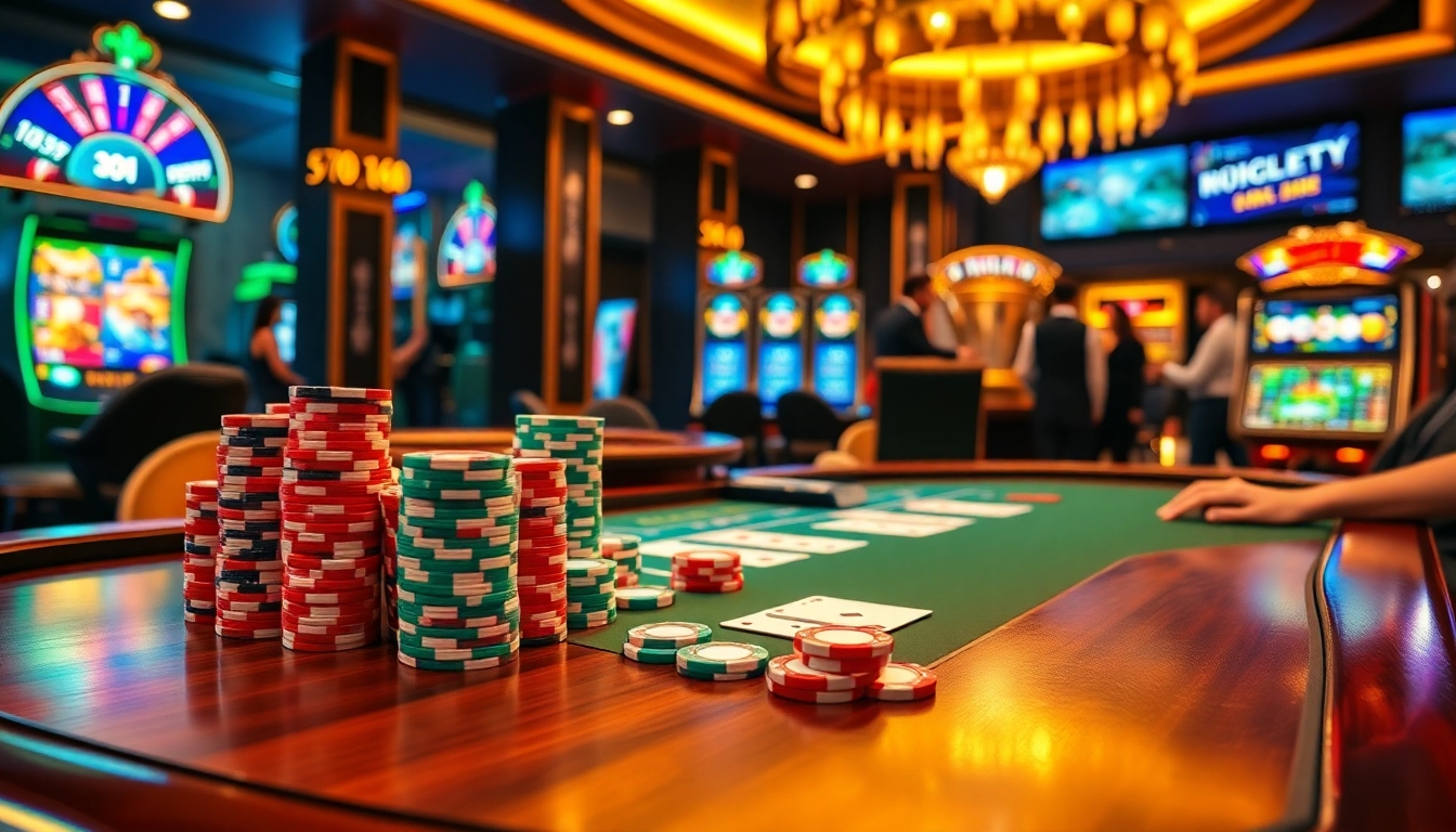 Thrilling casino scene with poker chips and cards on trang chủ tobet88 giving a vibrant gambling atmosphere.