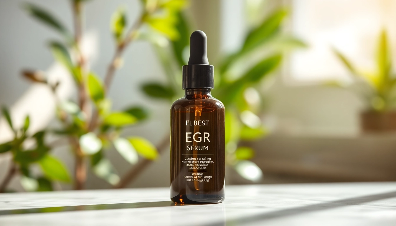 Discover the best EGF serum showcasing its elegant bottle in a natural, bright setting.