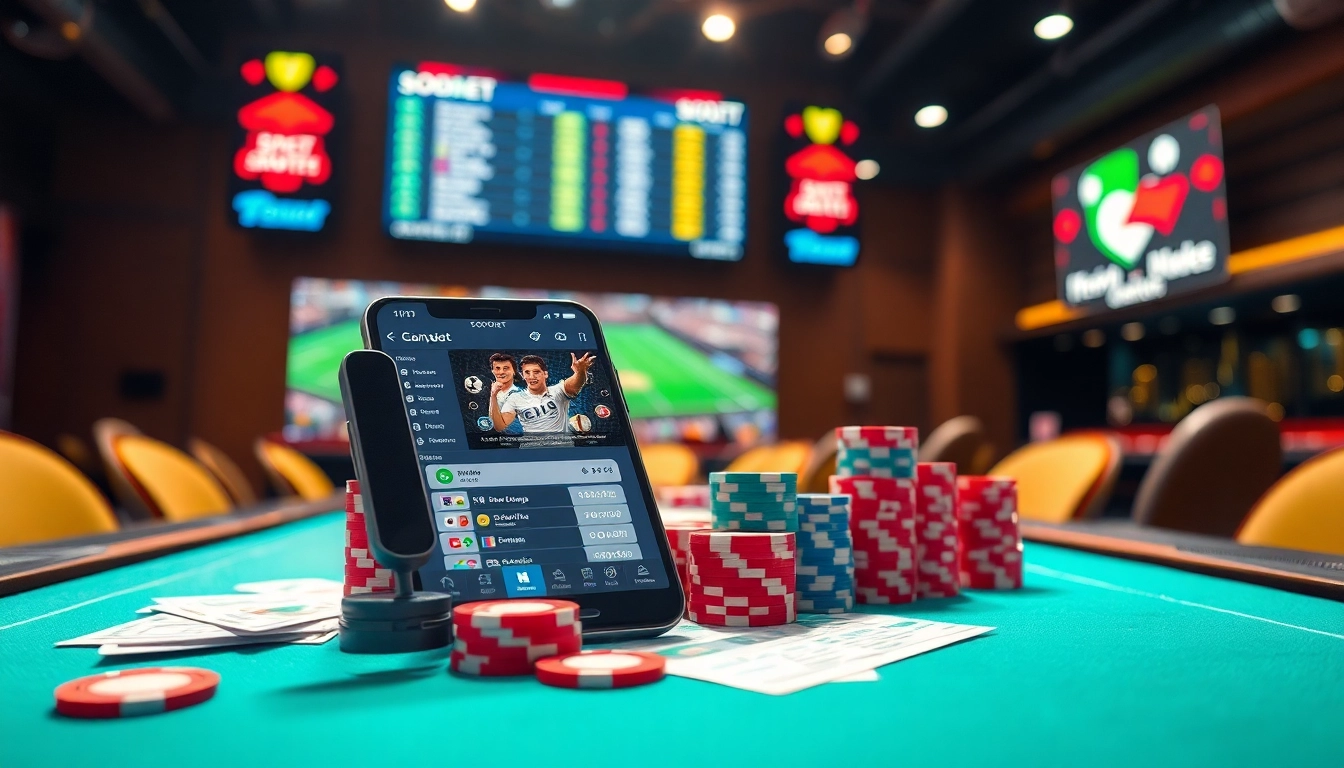 Taruhan agen sbobet di smartphone dengan suasana gambling yang energik.