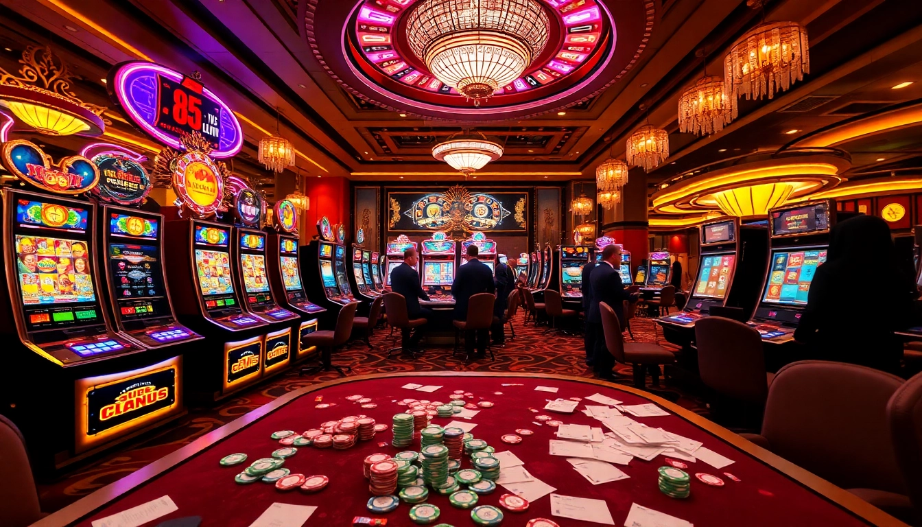 Play exciting judi slot games in a luxurious casino filled with vibrant slot machines and enthusiastic players.