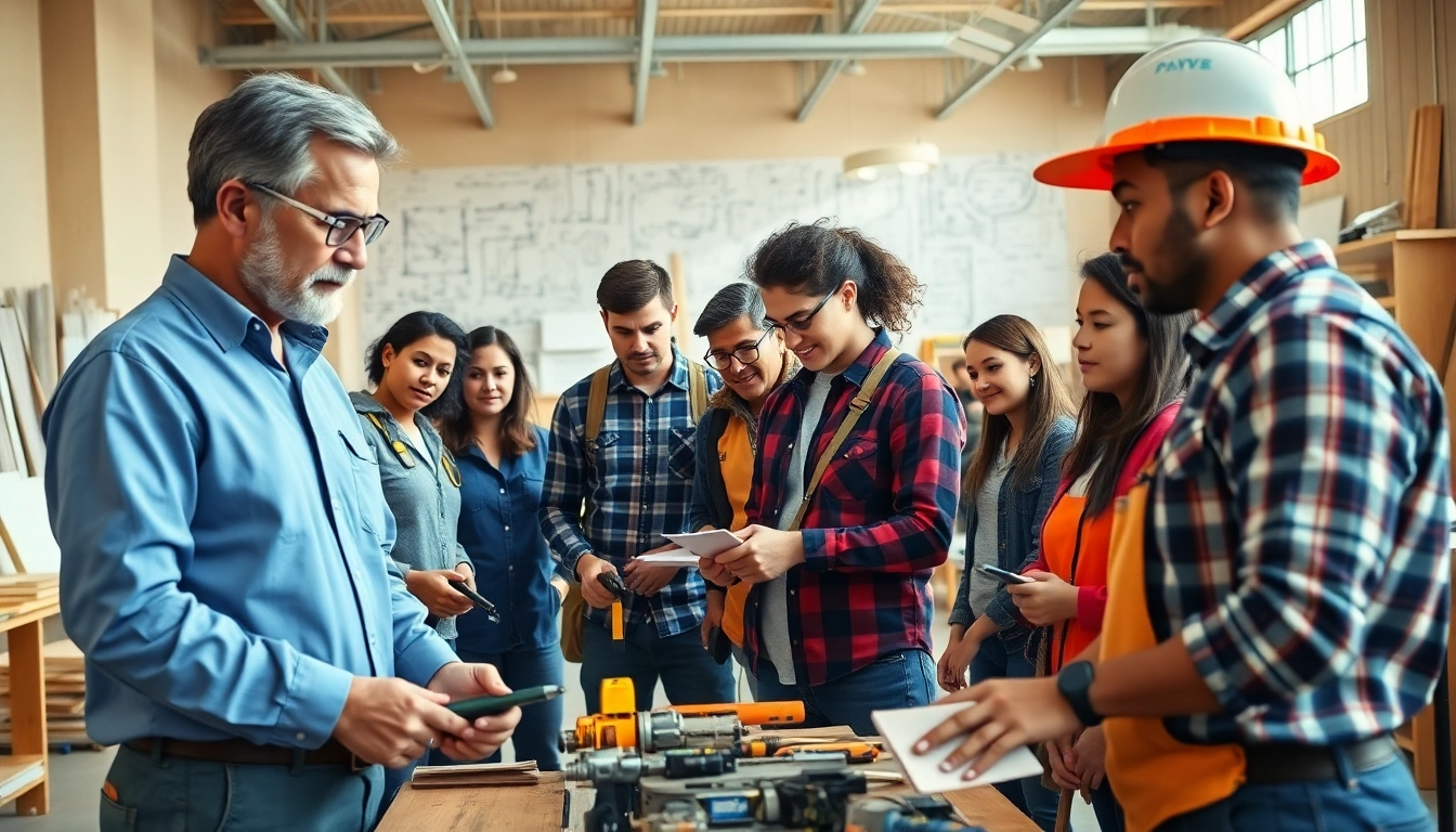 Engaged learners participating in construction training programs with hands-on activities.
