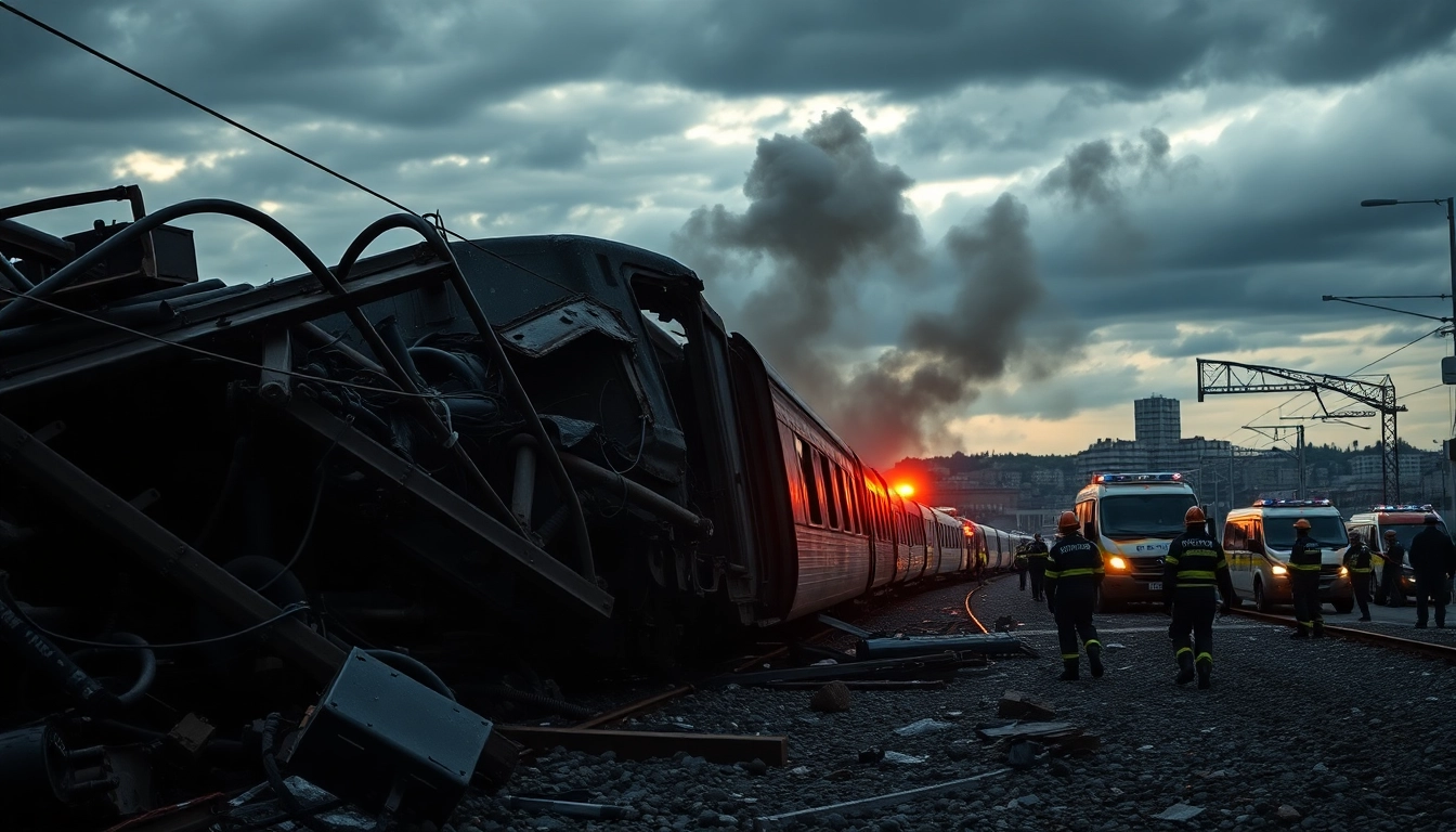 spain train crash scene showing emergency responders tackling wreckage amid chaos.