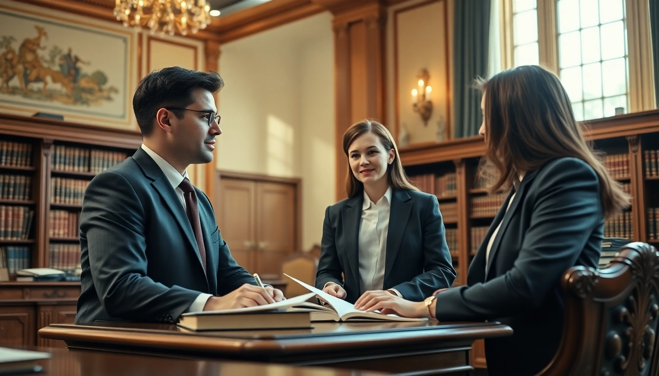 Engaging USA lawyers discussing in a sophisticated office environment.