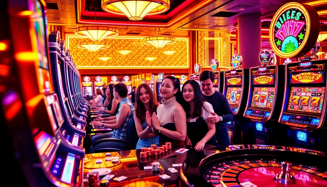 Players enjoying the excitement of slot 777 machines at a vibrant casino.