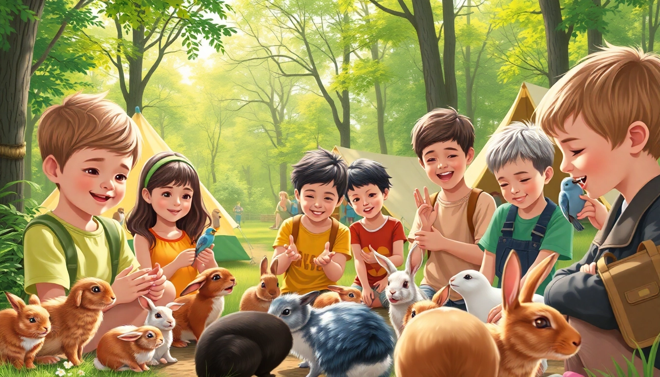 Interact with animals at an animal camp in Illinois, featuring children engaged in animal care and nature activities.