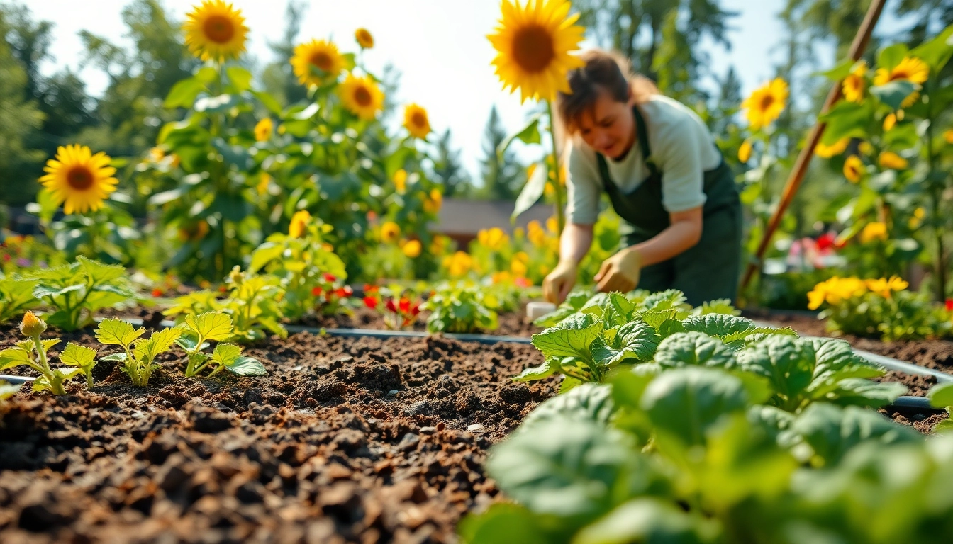 Gardening enthusiast nurturing vibrant plants in a flourishing community garden.