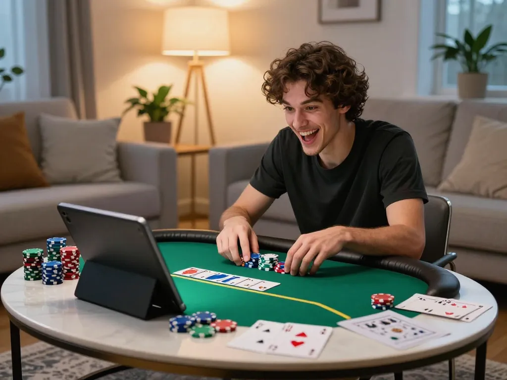 Playing poker on a tablet at home showcasing 789win link mới in action with cozy ambiance