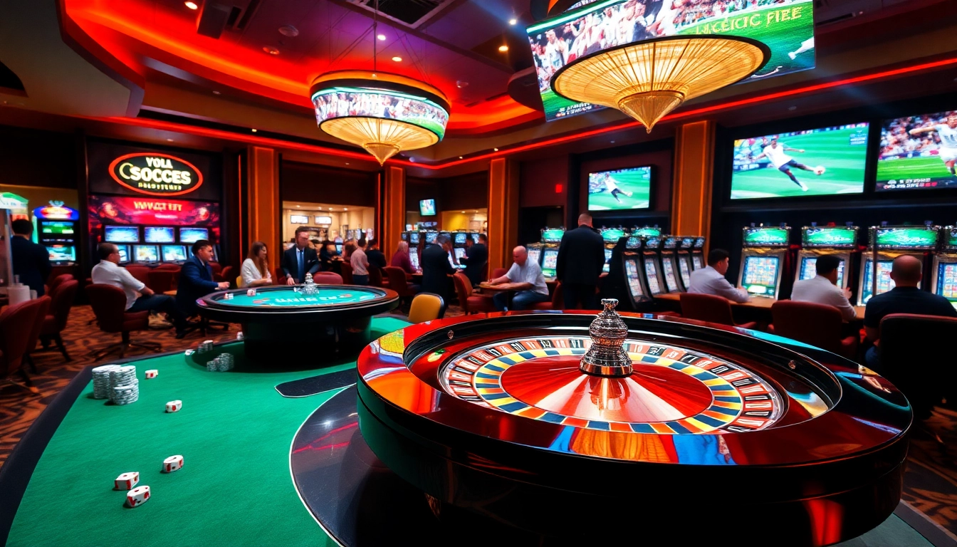 Exciting casino atmosphere showing trực tiếp bóng đá streaming along with poker and roulette.