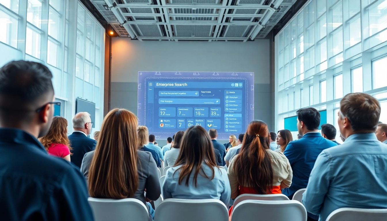 Showcasing an interactive enterprise search engine interface at a tech conference.