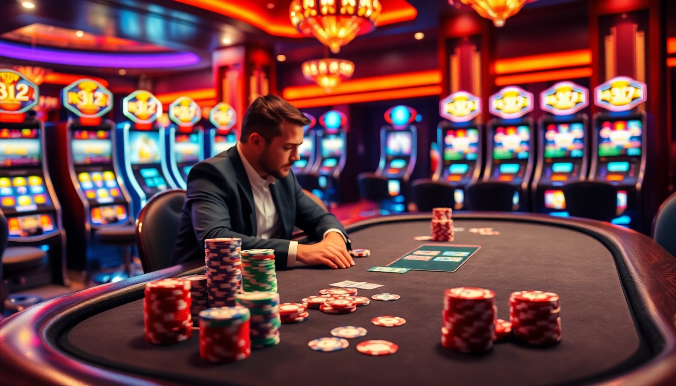 Experience the thrill of b52club at a high-stakes poker table with vibrant chips and dazzling slot machines.