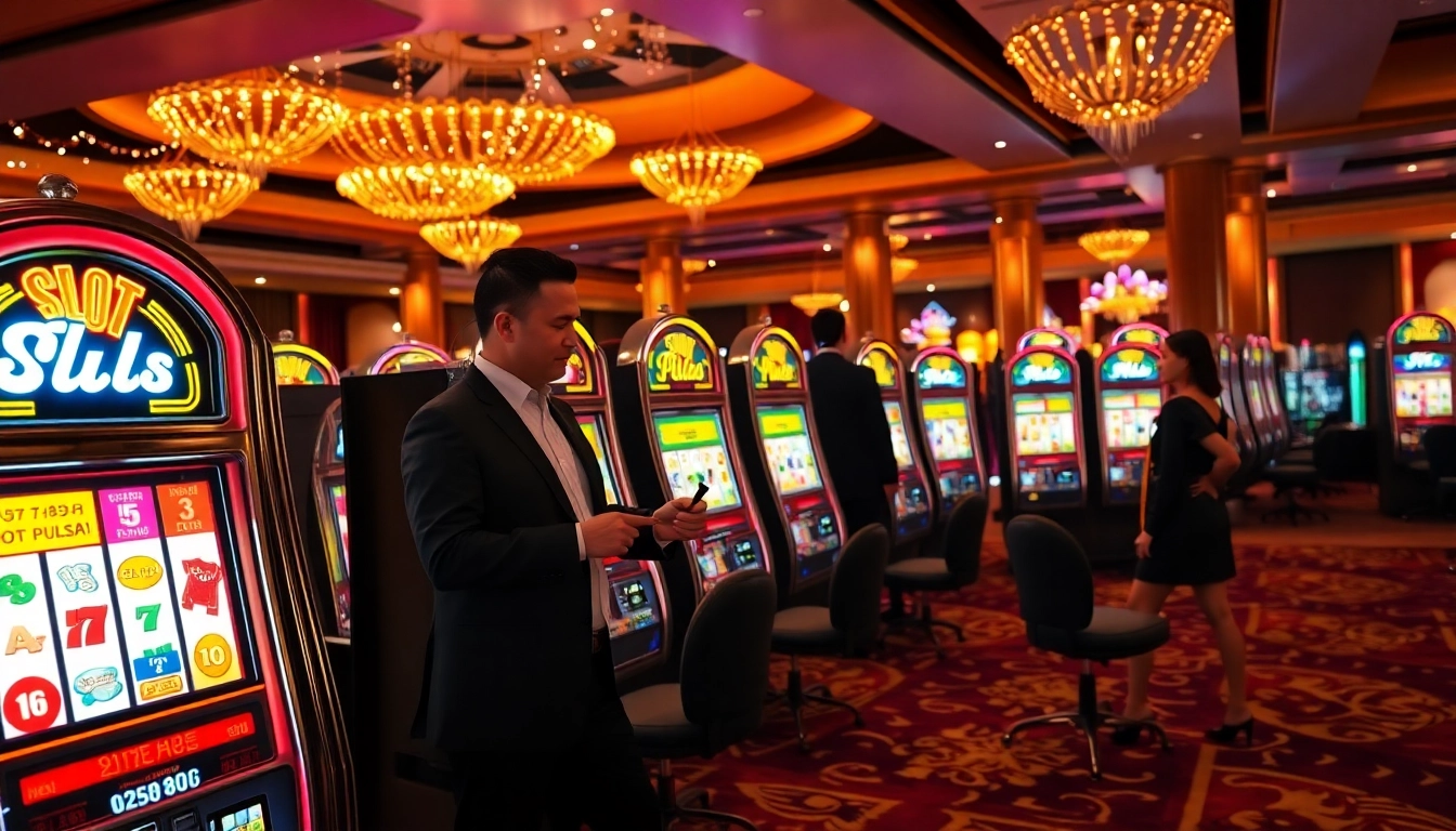 Berinteraksi dengan mesin slot pulsa dalam adegan kasino yang penuh warna, menampilkan jackpot dan kegembiraan.