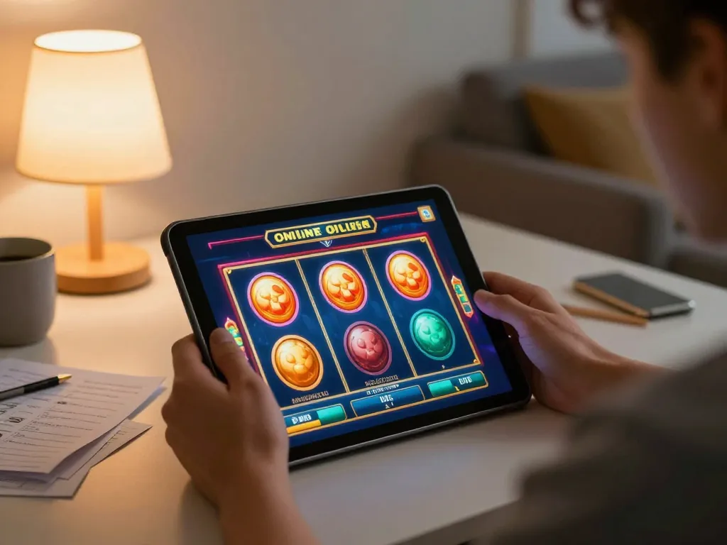 Engaging in demo slot gameplay at home, showcasing vibrant visuals and strategic notes for better odds.