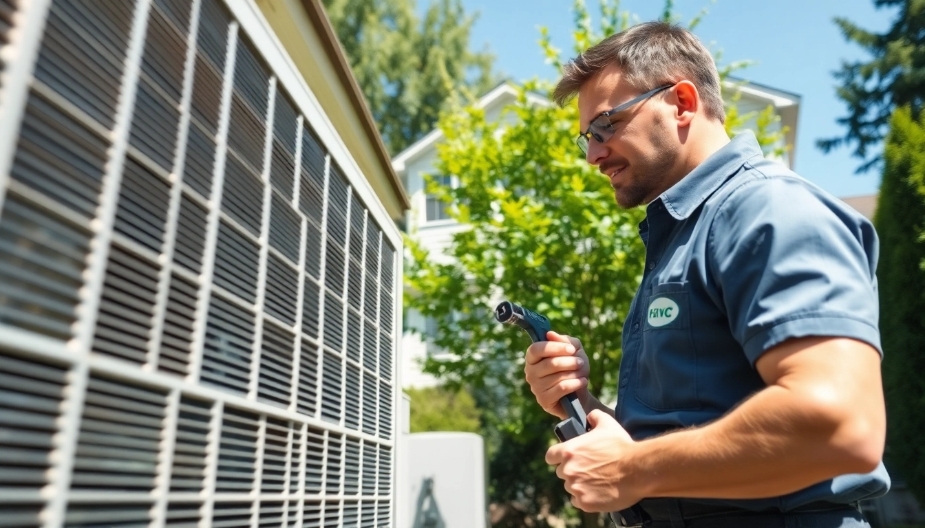 Inspecting HVAC services minneapolis by a technician in a sunny backyard setting.