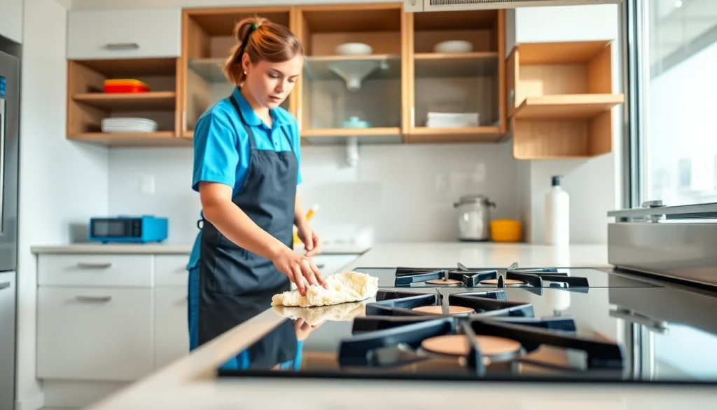 Experience kitchen deep cleaning Dubai with expert staff cleaning a modern kitchen space.