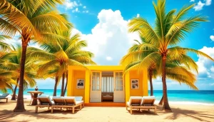 Relaxing scene of a coastal cabana by the beach with palm trees and lounge chairs.