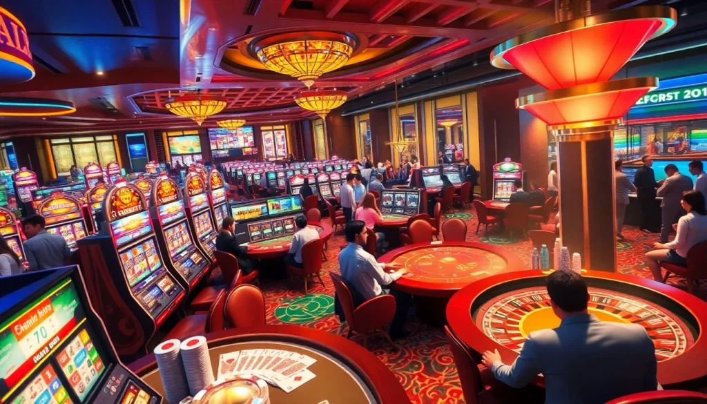 Experience the vibrant gambling world of KJC AC 1 with players enjoying casino tables and slot machines.
