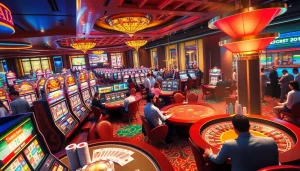 Experience the vibrant gambling world of KJC AC 1 with players enjoying casino tables and slot machines.