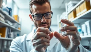 Buying peptides online, pharmacist examining peptide vials in a modern lab.