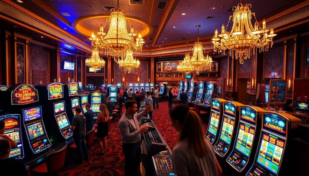 คาสิโนที่เต็มไปด้วยความตื่นเต้นและบรรยากาศหรูหราโดยมีผู้เล่นสนุกสนาน