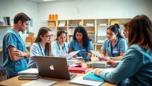 Nursing capstone topics showcased by nursing students collaborating on a project in a bright classroom.
