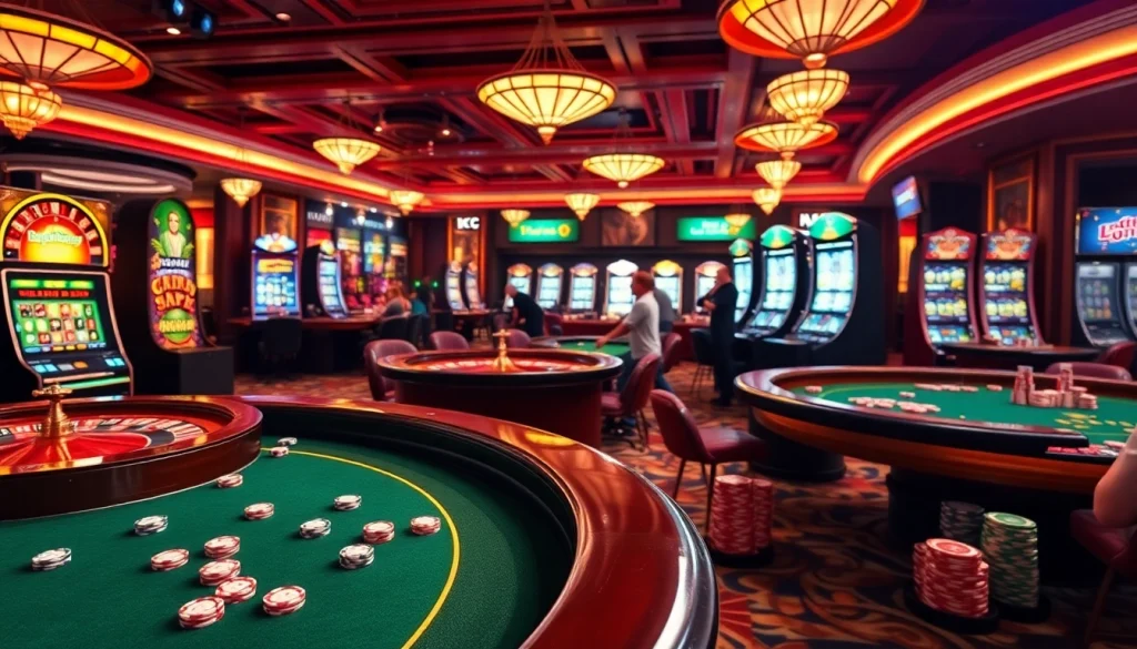 A lively casino setting featuring KJC AC 2 with poker tables, slot machines, and energetic players.