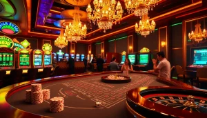 Experience Nhà cái MM88 at a lively casino with roulette, dice, and excited players.
