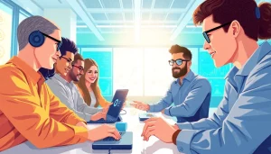 Dynamic cloud mining scene with diverse individuals using advanced technology in a modern office setup.