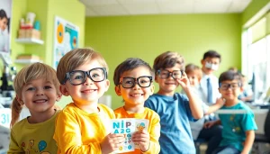 Encouraging scenes from Our Children's Vision highlighting children receiving eye care.