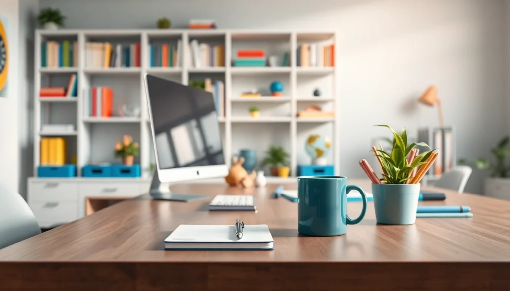 Bekijk de professionele werkruimte op https://www.stofnodig.nl met een moderne bureaustoel en kleurrijke kantooraccessoires.