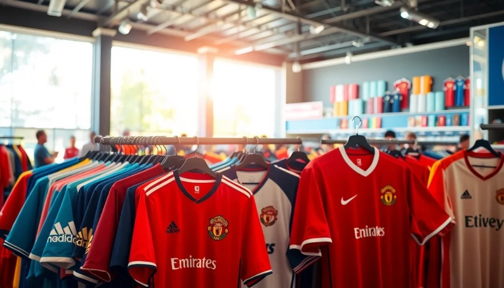Shop vibrant football kits showcasing various colors and team logos in a bustling store.