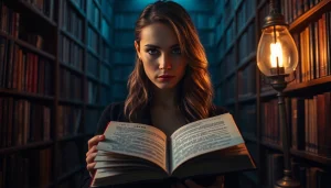 Engaging clean thriller book scene featuring a mysterious female character discovering clues.