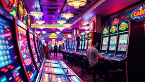 Permainan slot gacor yang mengasyikkan di kasin dengan jackpot dan lampu neon berkilau.