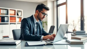 Showcase professional legal services with a modern lawyer at https://www.websites.law in a contemporary office setting.