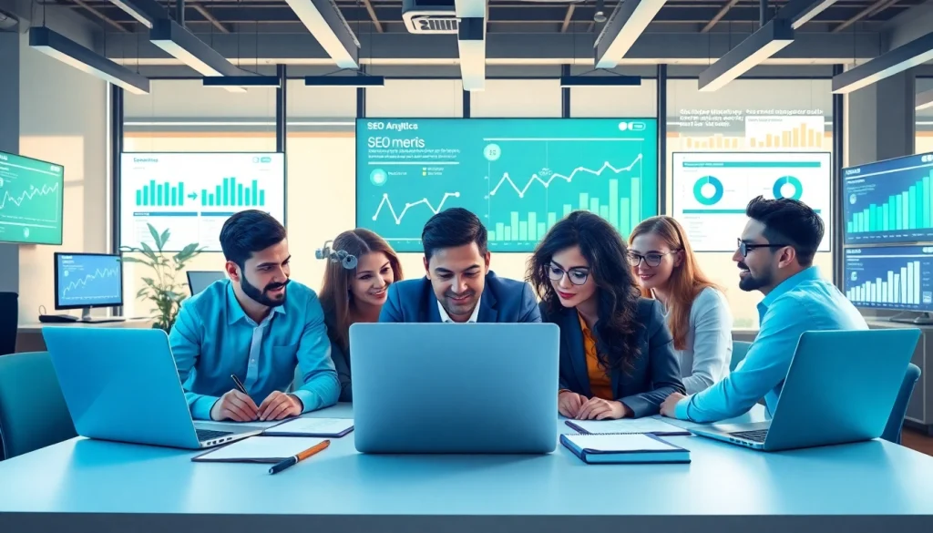 SEO company team collaborating on digital marketing strategies in a modern office.