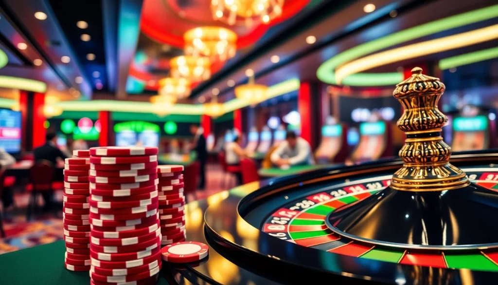 Engaging RR88 casino scene featuring vibrant poker chips and a roulette wheel.