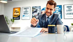 Vertragsunterzeichnung für motorrad leasing in einem modernen Büroraum.