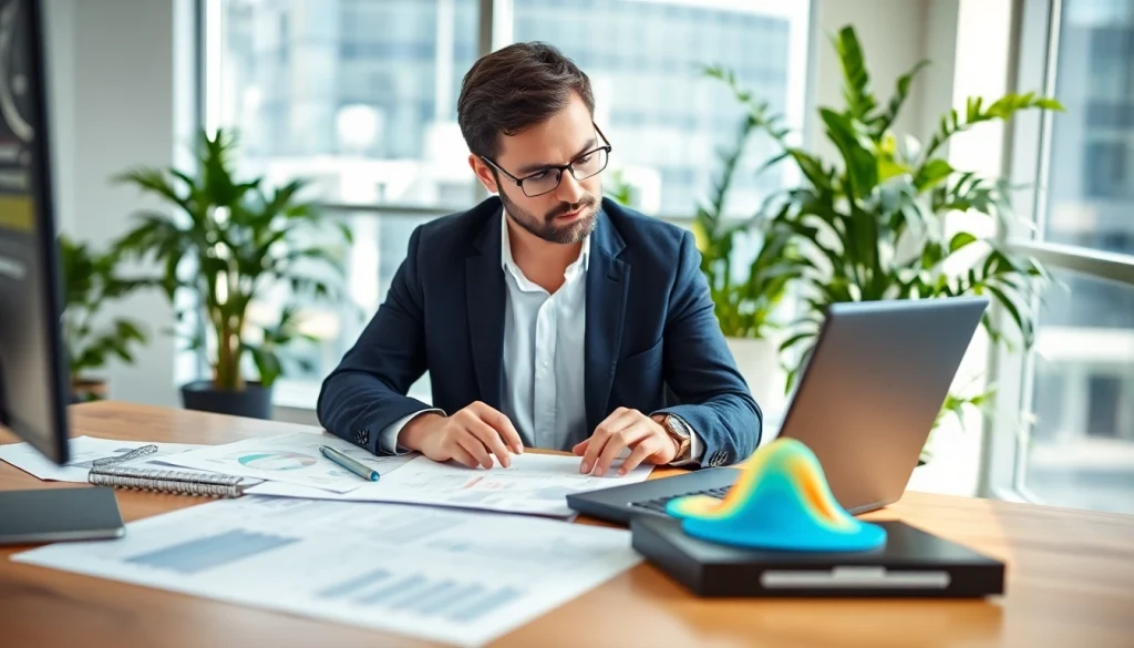 Analyze noise impact assessment data with professional acoustic consultant in modern office.