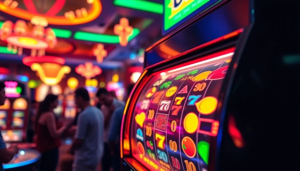 Slot mesin dengan lampu berwarna menyala di kasino, menggugah semangat pemain.
