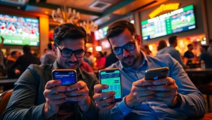 Engaged gamblers assess the best sports betting apps in India on mobile devices in a lively café setting.