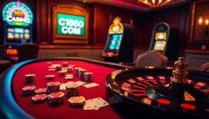 Exciting poker action at C168 COM's premium casino setup featuring vibrant chips and cards.