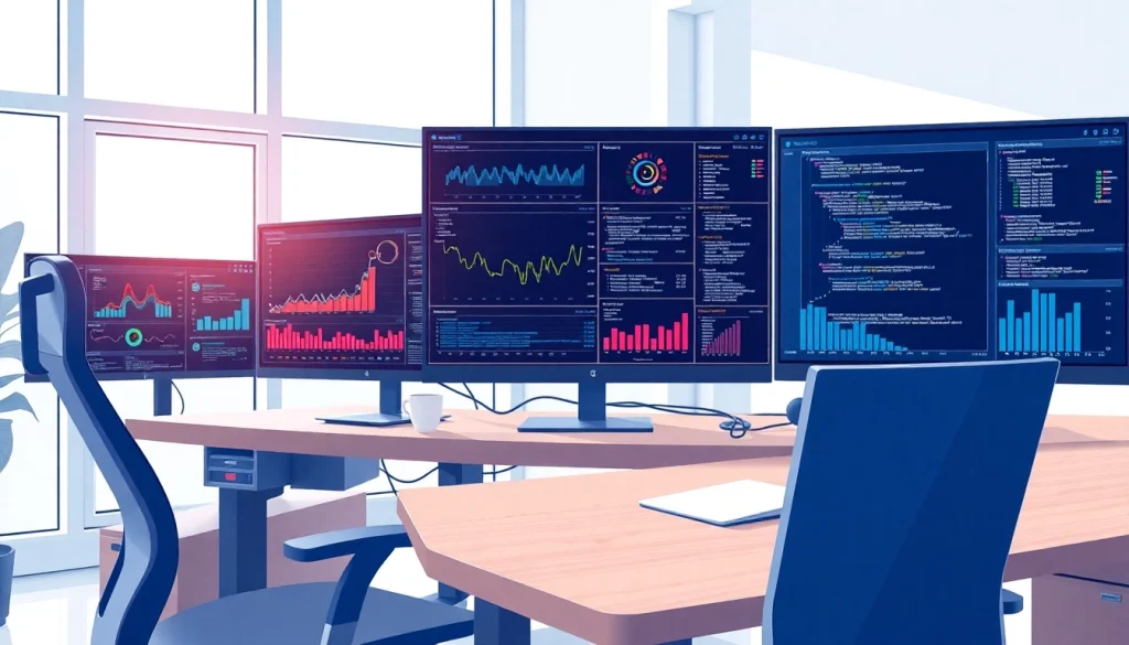 Showcasing technology-driven workspace enhancing productivity with modern setups and data visualization.