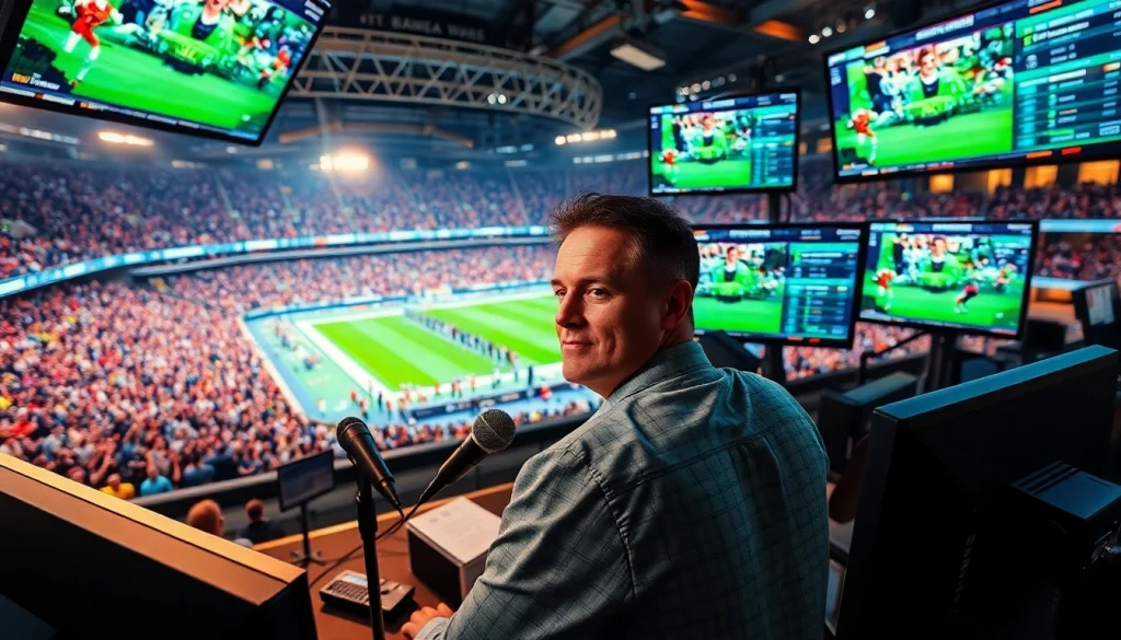 스포츠중계 중인 해설자가 스포츠 통계를 강조하는 고화질 방송 환경에서 활동하고 있습니다.