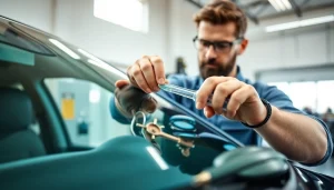 Efficient windshield chip repair Denver by a skilled technician in a bright garage.