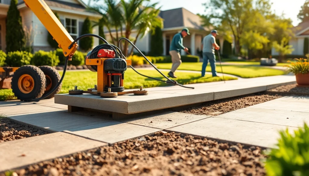 Mudjacking professionals leveling a concrete slab in a residential yard.