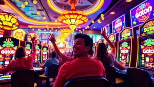 Menampilkan suasana bermain slot gacor yang semarak dengan pemain merayakan kemenangan.