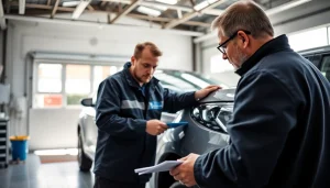 Unfall Auto Gutachter inspiziert ein beschädigtes Fahrzeug in einer modernen Werkstatt.
