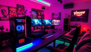 Menggambarkan suasana bermain virus4d dengan peralatan gaming yang canggih dan energik.