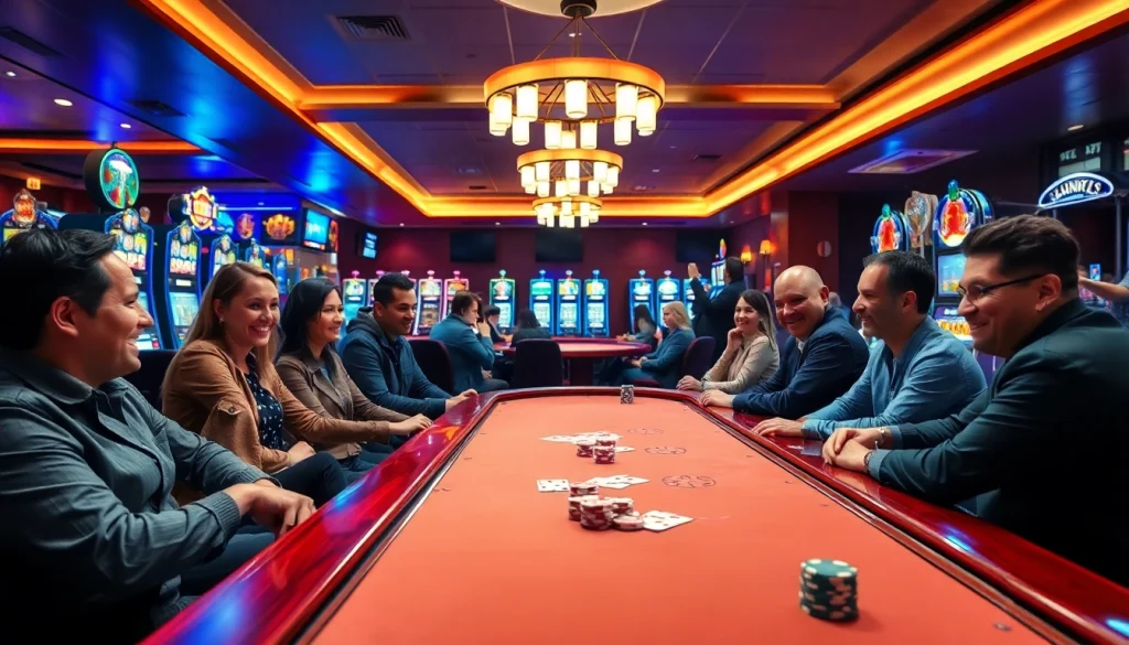 Menggambarkan kasinojitu yang semarak dengan pemain dan mesin slot yang ceria.