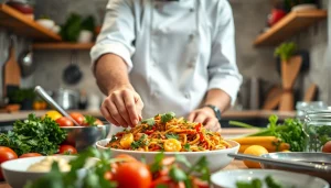 Highlighting a chef's vibrant culinary creation at recipesalexarciab.com in a modern kitchen.
